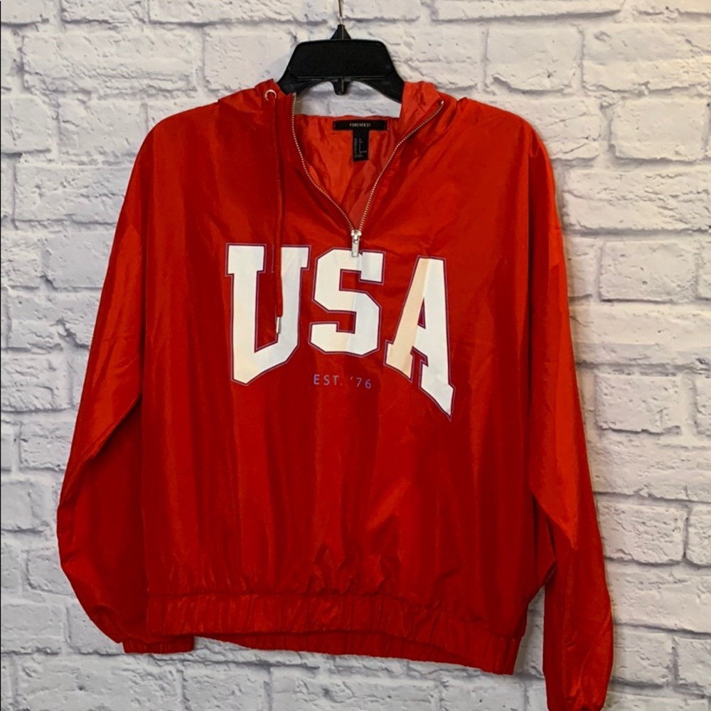 Red Forever 21 Hooded Windbreaker